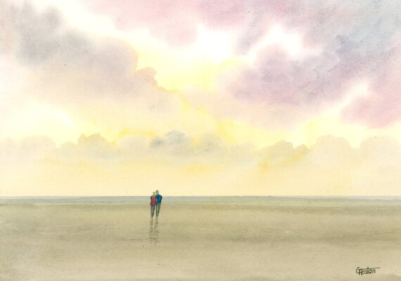 Original small watercolour beach painting, original romantic art, couple on beach, unique gift for Valentine's Day or anniversary