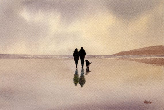 Original watercolour painting couple and Labrador dog on beach, bevel mounted hand painted unique art to fit 12 x 10 inch frame,