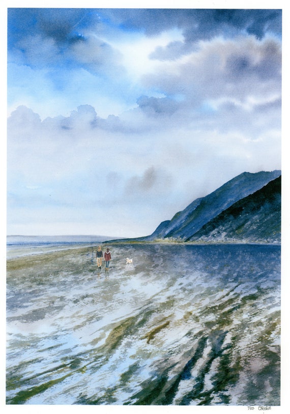 New for 2021 Couple and Westie dog on Benllech Beach, Anglesey, Hand finished very limited edition print, watercolor art, 'Between Showers'