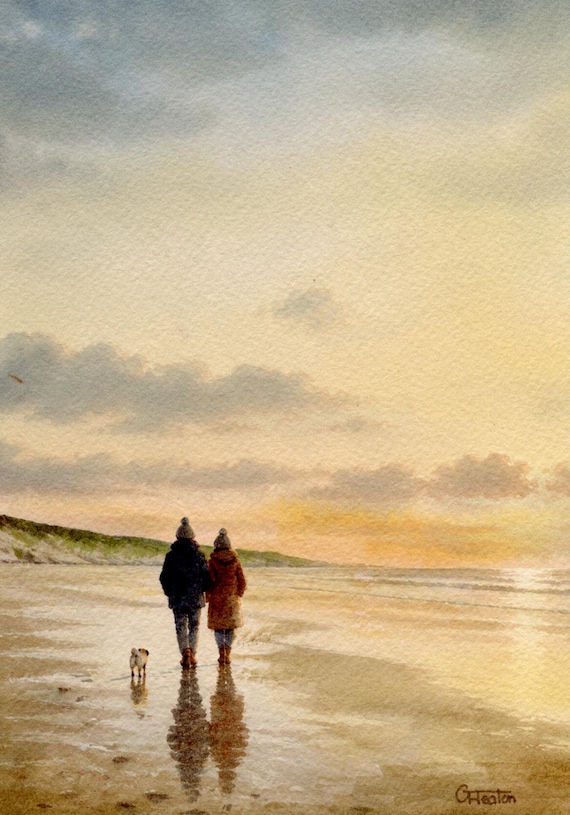 Original watercolour painting, couple and Pug dog on sunset beach, bevel mounted hand painted unique art to fit 12 x 10 inch frame, art gift