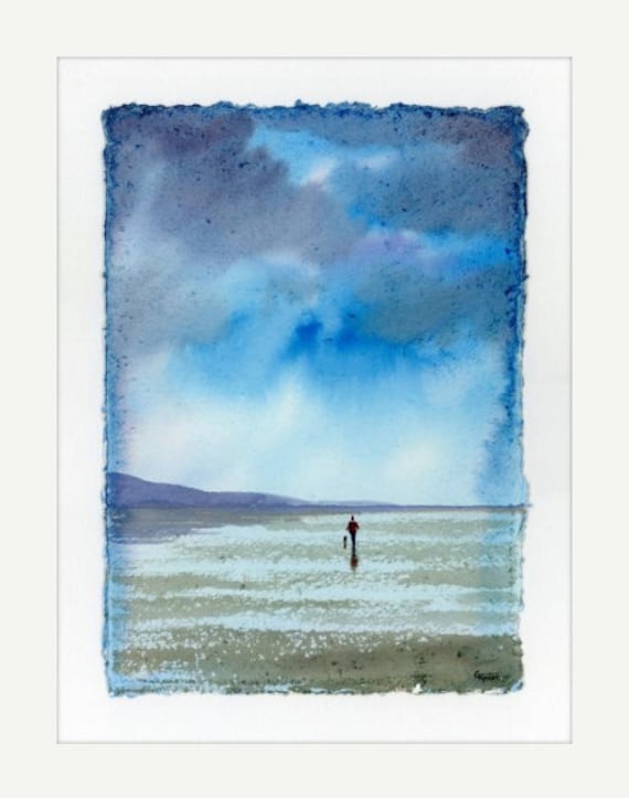 Original 16" x 12" mounted deckled edged watercolour painting on handmade paper. Figure and small dog on stormy beach, direct from UK artist