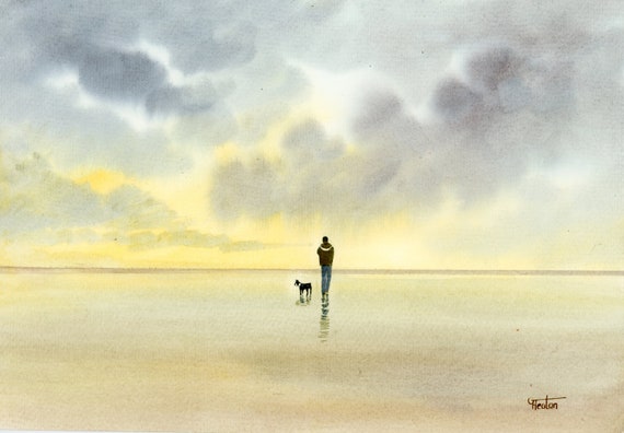 Original watercolour painting, figure and Boston Terrier dog on beach A4 size watercolor, original art gift direct from England UK