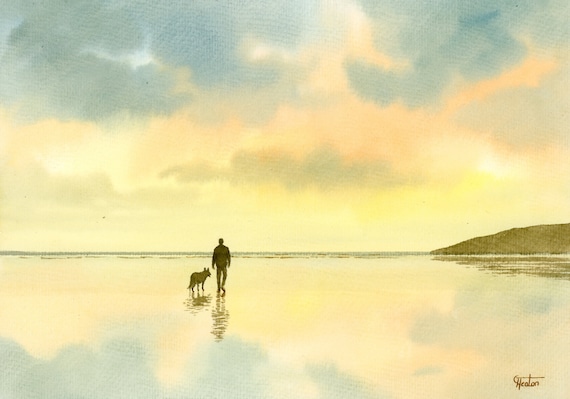 Original watercolour painting, Man and German Shepherd Dog on sunset beach, A4 size watercolor original art gift from the artist, England UK
