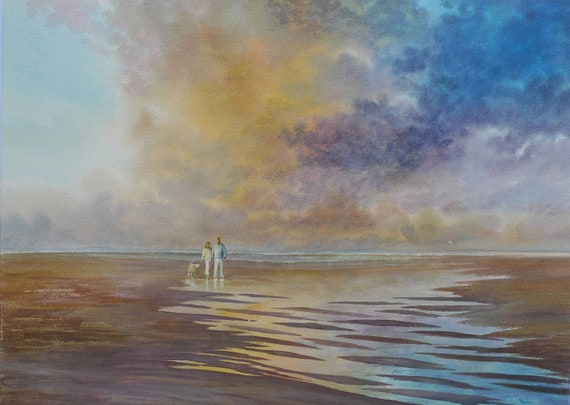 Original very large 30" x 22" watercolour painting, couple and dog on storm lit beach, huge statement piece on 100% cotton paper, Labrador