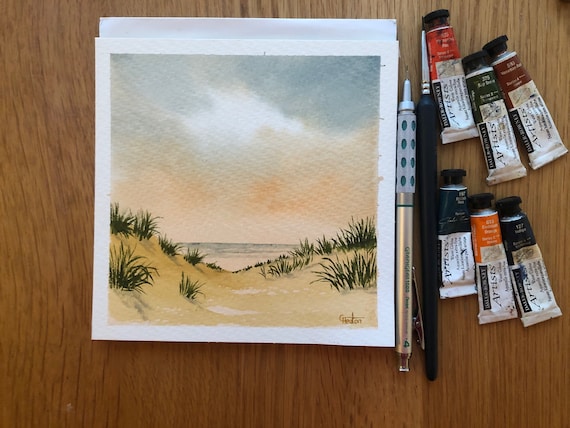 Square small original watercolour beach painting, Sand Dunes, Formby Beach. Sefton hand painted watercolor art gift, England UK artist