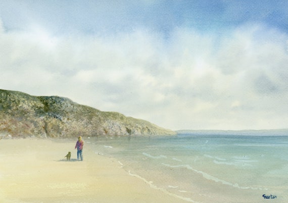 Original watercolour painting, 'Quiet Time' figure and dog on beach, 210 x 297 mm (11.7" x 8.3") A4 Pembrokeshire, unique art gift