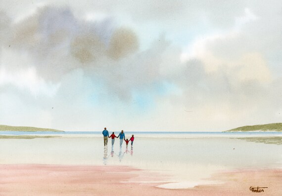 Original watercolour painting, 'Family' couple and 3 children on beach, A4 size 297mm x 214mm watercolor unique gift Dad, Mum, Kids