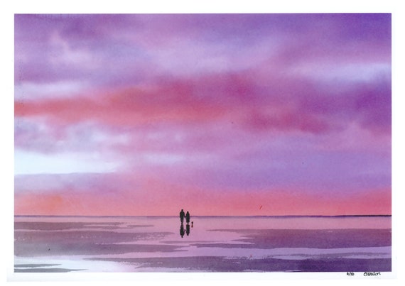 Limited edition print 'Purple Rain', couple and dog on twilight beach from an original watercolour painting, direct from UK artist