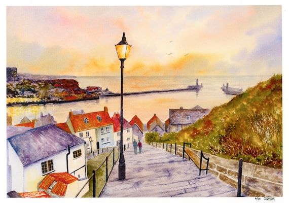 New for 2021 '199 Steps, Whitby', Hand finished and personalised very limited edition print on watercolour paper, hand painted art