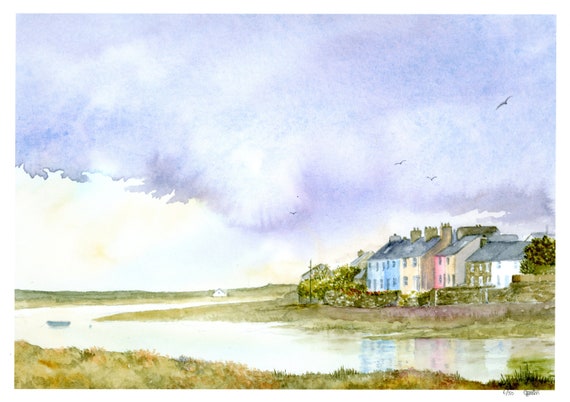 Aberffraw, Anglesey hand finished very limited edition print on watercolour paper, 'Aberffraw Storm', Wales, estuary and cottages painting,