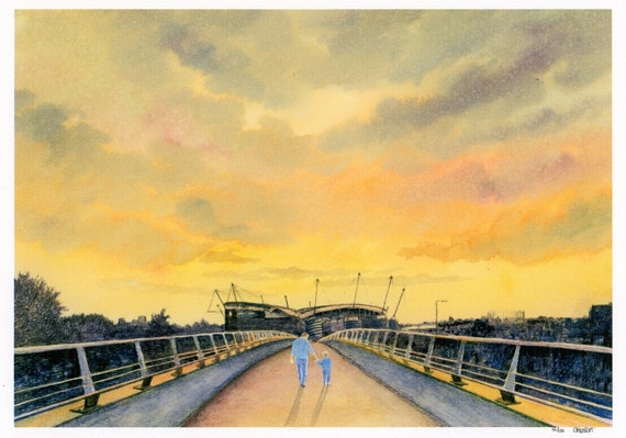 Etihad Stadium, Hand finished limited edition print on watercolour paper, hand painted figures of man and child, Manchester at Sunset.