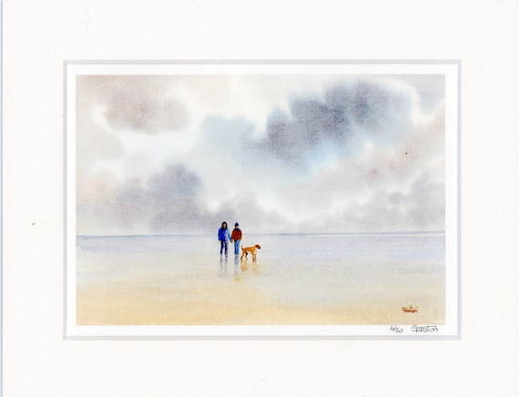 Mounted 9" x 7" Limited Edition Print on watercolour paper, 'The Boxer' couple and dog on beach from an original watercolour painting, UK