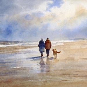 Original watercolour painting 'Golden Days' , couple and Golden Retriever dog on beach, A3 size art on 100% cotton Arches paper by G Heaton image 1
