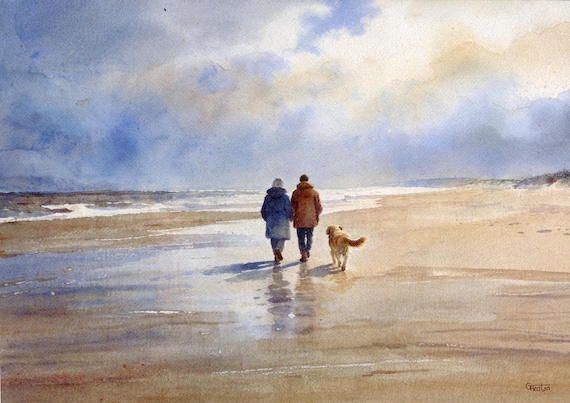 Original watercolour painting 'Golden Days' , couple and Golden Retriever dog on beach, A3 size art on 100% cotton Arches paper by G Heaton