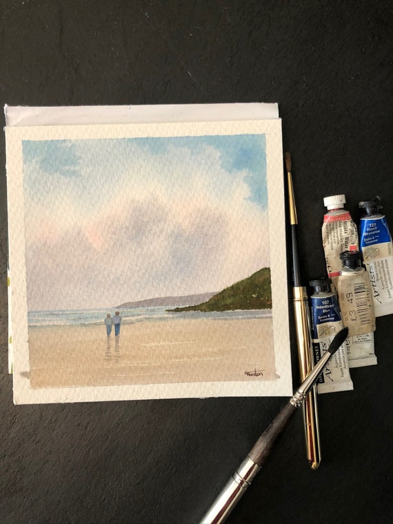 Square small original watercolour beach painting, couple on beach in Anglesey Wales, affordable hand painted delicate watercolor gift, UK