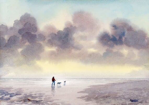 Original watercolour painting, 'Salty Paws and Storm Clouds ' figure and dogs on beach, A4 size 297mm x 214mm (11.5" x 8.25") watercolor