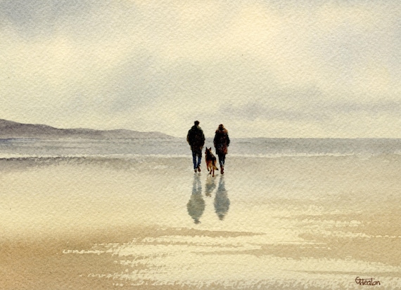 Original watercolour painting couple and German Shepherd dog on beach, bevel mounted hand painted unique art to fit 12 x 10 inch frame,