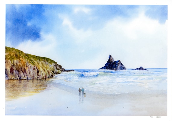New 2021 Church Rock, Broad Haven beach Hand finished very limited edition print on watercolour paper, Couple and dog, personalised art