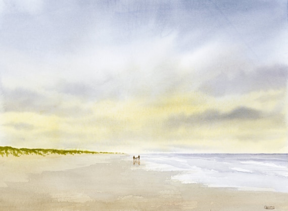 Original watercolour painting 'Family Time', distant parents and children together on beach 40cm x 30cm coastal art artwork from UK artist