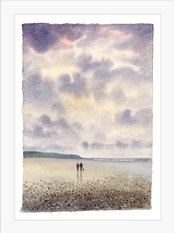 Original watercolour painting 'Aberdaron Storm' on handmade deckle edged paper, couple & dog on beach, mounted to fit 16 x 12 inch frame