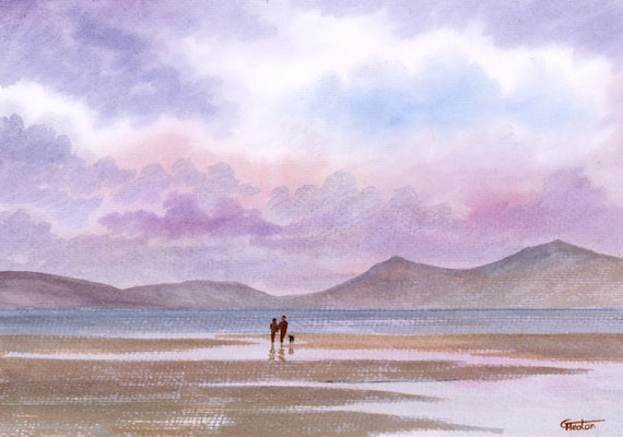 Original watercolour painting, Llanddwyn Beach, Newborough, couple and dog on beach A4 size watercolor, art gift, Anglesey Wales painting,