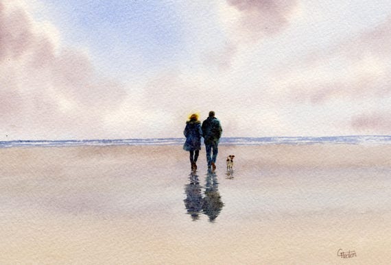 Original watercolour painting couple and Jack Russell Terrier dog on beach, bevel mounted hand painted unique art to fit 12 x 10 inch frame,