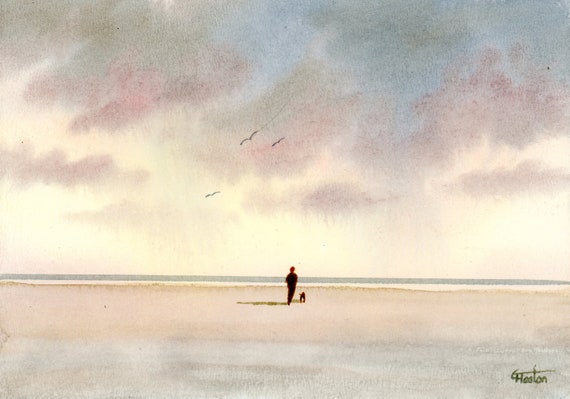 Original small watercolour beach painting, 'Fly Away' original art, figure and dog on sunset beach, hand painted watercolor gift A5 Size
