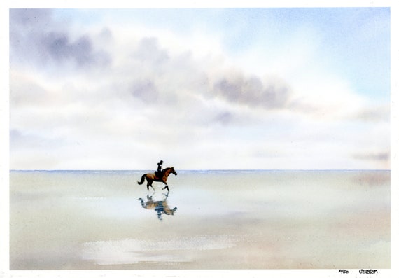 Horse rider on beach, Very limited edition A4 & A3 prints from an original watercolour painting, 'Ride The Breeze', horse beach art, pony