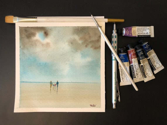 Square small original watercolour beach painting, couple and 2 children, affordable hand painted delicate family of 4 watercolor gift, UK