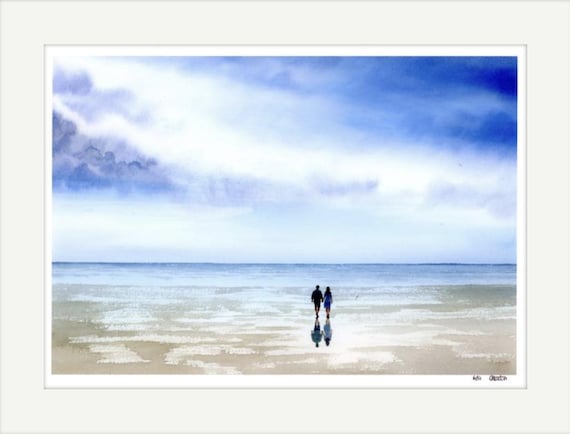 Limited edition print 'Something Blue', mounted 14" x 11" or 20" x 16", romantic art, couple on beach watercolour painting, direct from UK