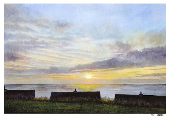 Limited edition print 'Nature’s Point: Sunset over Porth Pistyll', mounted 14" x 11" or 20" x 16",  Pistyll near Nefyn watercolour painting