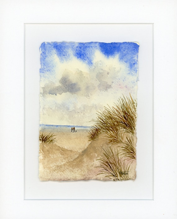 Original mounted deckled edged watercolour beach painting on handmade paper, couple and dog, Fylde Sand dunes near Lytham St Annes. gift UK