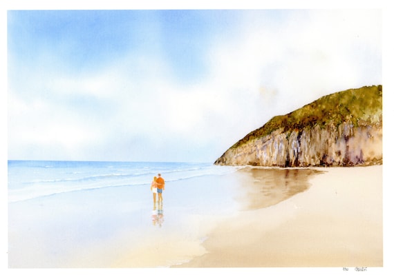 New for 2021 hand painted couple on beach 'Pendine Sands', hand finished very limited edition print on watercolour paper