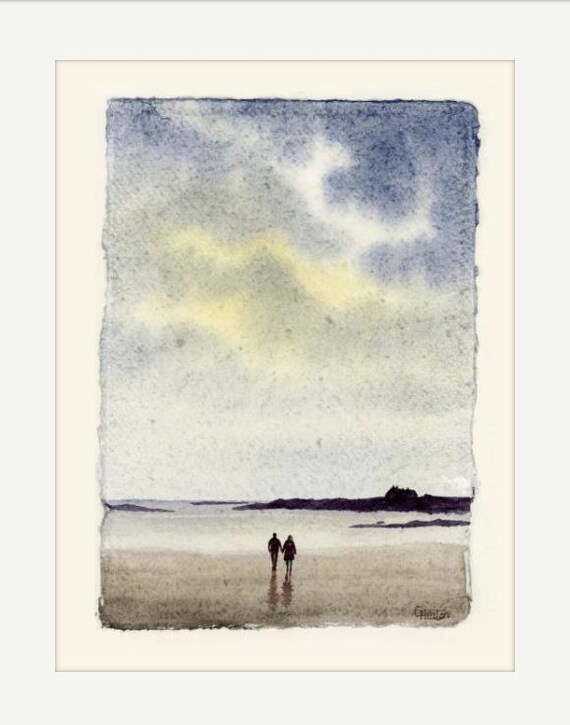 Original watercolour painting on handmade paper, couple on Trearddur Bay beach, romantic art mounted to fit 12 x 10 inch frame