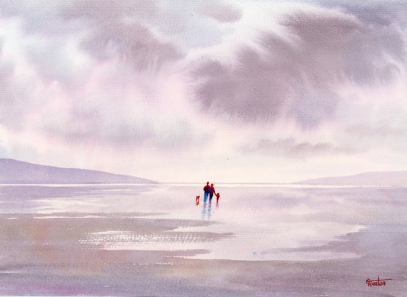 Original watercolour painting, 'A Walk At Low Tide', couple, child and dog on beach, A4 size watercolor, original art, shades of grey, mauve