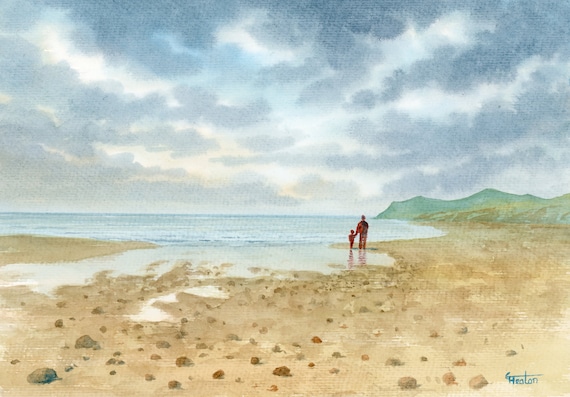 Original watercolour painting, 'Best Dad' father and child on beach, A4 size 297mm x 214mm (11.5" x 8.25") unique father's day gift,