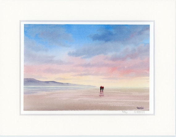 Mounted 9" x 7" Limited Edition Print on watercolour paper, couple on beach. Only 50 available worldwide from an original painting, romantic