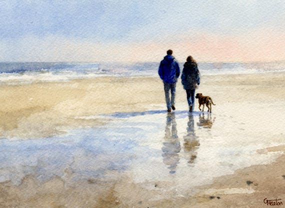 Original watercolour painting couple and Staffie dog on beach, bevel mounted art to fit 12 x 10 inch frame, Staffordshire Bull Terrier