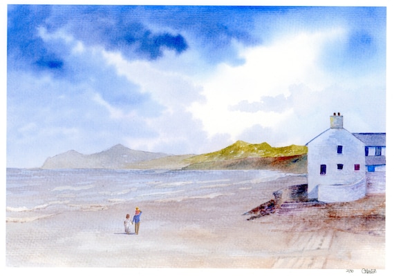 Morfa Nefyn Beach, Hand finished very limited edition print on watercolour paper, Couple and child on beach unique art gift, family
