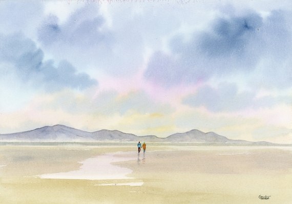 Original romantic watercolour painting, Couple on Newborough beach, Wales. Unique watercolor art gift, valentine or anniversary present