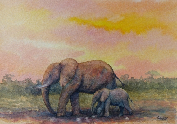 Original small watercolour painting, 'Sunset Elephants', A5 size affordable and original art, unique watercolor study