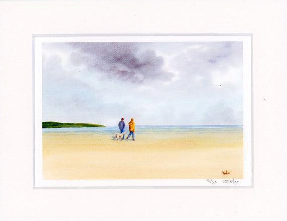Mounted 9" x 7" Limited Edition Print on watercolour paper, couple and Labradoodle dog on beach from an original watercolour painting, UK