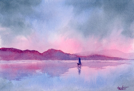 Original small watercolour beach painting, 'Home For Dinner' original art, figure and dog on beach, hand painted watercolor gift A5, Wales