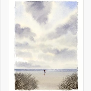 Dipinto originale ad acquerello "Amore e pace" su carta fatta a mano con bordi frastagliati, coppia e cane sulla spiaggia, montato per adattarsi a una cornice da 16 x 12 pollici