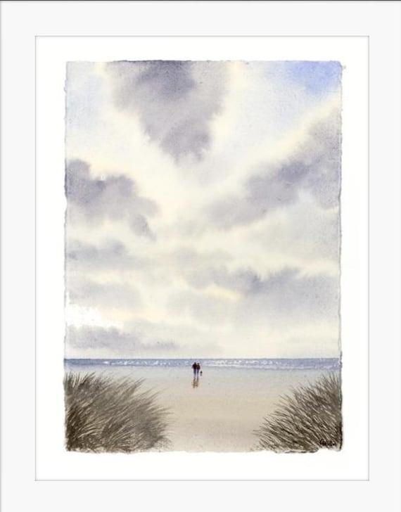 Original watercolour painting 'Love And Peace' on handmade deckle edged paper, couple & dog on beach, mounted to fit 16 x 12 inch frame