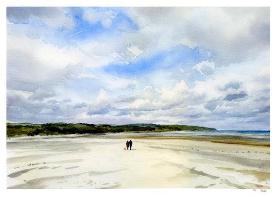 LLigwy beach, Hand finished Limited edition, mounted to fit a 20" x 16" frame, each one unique, Anglesey, Wales, watercolour, Passing Clouds