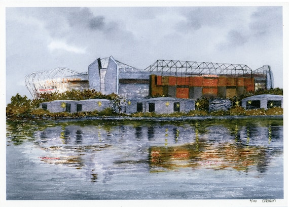The Theatre of Dreams, Manchester United Stadium across the canal, limited edition print from an original watercolour painting, MUFC gift