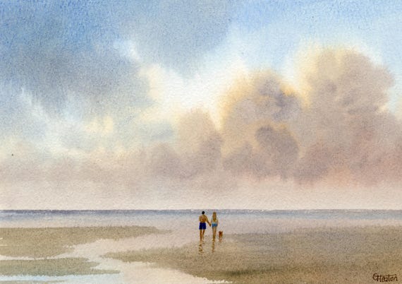 Original watercolour painting, couple and dog walking on beach, bevel mounted hand painted unique art to fit 12 x 10 inch frame by G. Heaton