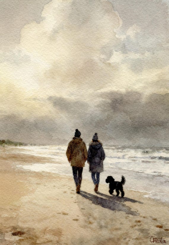 Original watercolour painting couple and black dog on beach, bevel mounted hand painted unique art fit 12 x 10 inch frame, Cockapoo, Poodle