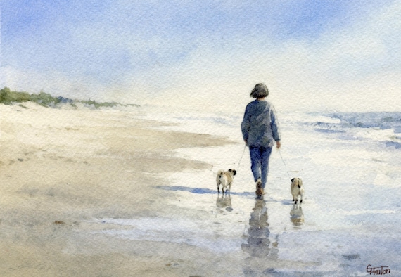 Original watercolour painting Lady and two Pug dogs on beach, bevel mounted hand painted unique art to fit 12 x 10 inch frame, Pugs, art